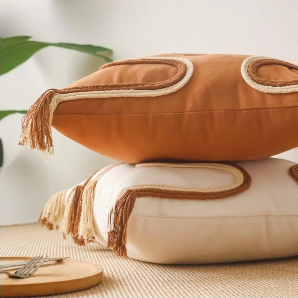 Braided Mid Century Cream Pillow Case Fringed Neutral Textured Boho Farmhouse